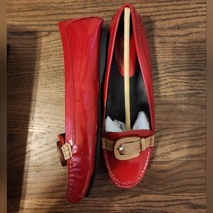 Red Patent Leather Loafers with Buckle